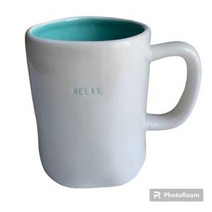 Rae Dunn “Relax” mug. Beautiful‎ turquoise blue and white. Excellent condition.